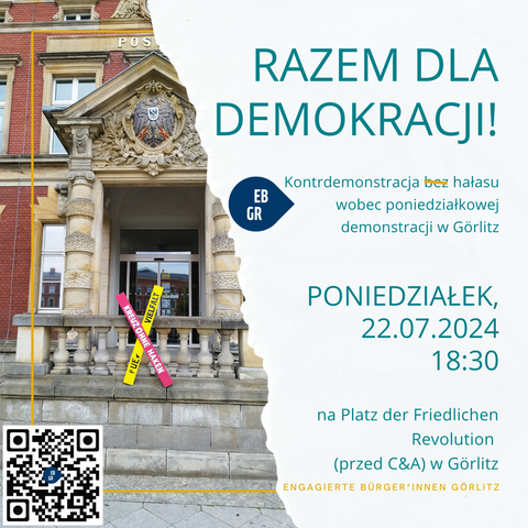 Razem opowiadamy się za demokracją, przeciwko prawicowemu ekstremizmowi i antysemityzmowi! Dołącz do naszej demonstracji 22 lipca 2024 r. o godz. 18:30 na Platz der Friedlichen Revolution (przed C&A) w Görlitz. Pokażmy razem, że różnorodność i tolerancja to wartości, które wzmacniają nasze społeczeństwo 💪🌏✨


Jeśli potrzebujesz, weź ze sobą środki ochrony słuchu, może być głośniej. (gwizdanie)

PS: Żetony na wózki sklepowe są również ponownie dostępne! Dostępna jest również ograniczona liczba gwizdków na demo.
