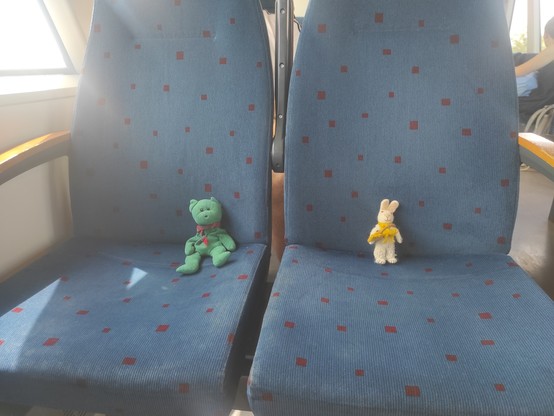 Ein kleiner grüner Teddy mit Schal und ein noch kleinerer brauner Hase mit Schal und Tasche sitzen auf je einem blauen Platz im Zug 