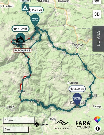 Screenshot of the tracking map showing the route of mark kowalski, which shows that he finishes parcour 2 and riding in a bow back to CP2 after a while. 