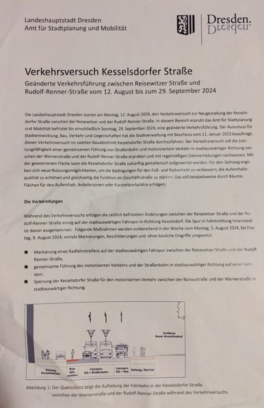 Postwurfbrief, Vorderseite, viel Text und eine Skizze.

Thema Geänderte Verkehrsführung zwischen Reisewitzer Str und Rudolph-Renner-Str vom 12.8. bis 29.9.2024.
