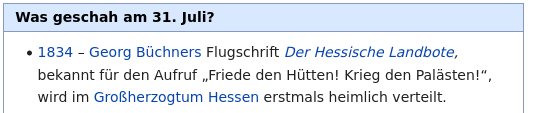 Wikipedia-Screenshot: am 31. Juli 1834 erschien Georg Büchners Flugschrift 