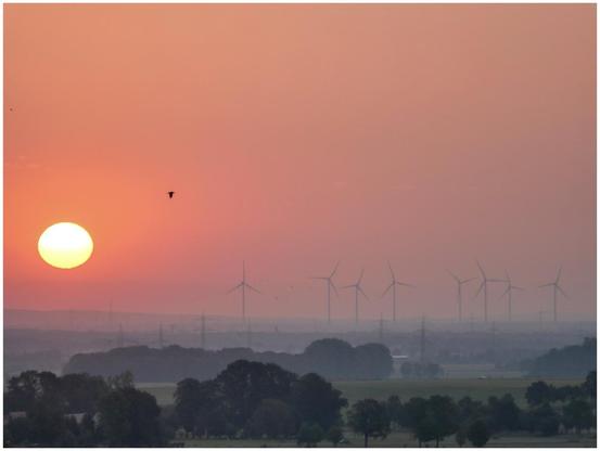 A sunrise with a large sun on the horizon, casting a warm glow over a landscape featuring several wind turbines and silhouettes of trees. The sky transitions from orange to pink, creating a serene atmosphere.