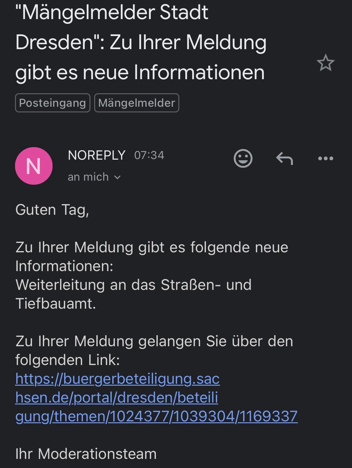 Meldung mängelmelder, dass man sich dem Problem annimmt 