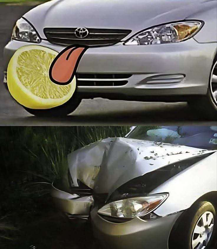 Das Bild besteht aus zwei Teilen. Im oberen Teil sieht man die Front eines silbernen Toyota-Autos mit einer humorvollen Bearbeitung: Eine große Zitronenscheibe und eine Cartoon-Zunge wurden hinzugefügt, sodass es aussieht, als würde das Auto die Zitrone „ablecken“. Der untere Teil zeigt dasselbe Auto nach einem Unfall, mit erheblichen Schäden an der Front. Die Motorhaube ist eingedrückt, und die Stoßstange ist stark nach innen verschoben