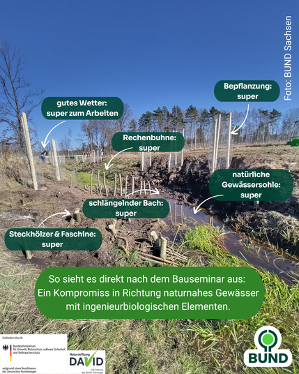 Blick auf eine naturnah umgestaltete Bachlandschaft mit neu gepflanzten Gehölzen, Faschinen und ingenieurbiologischen Strukturen wie einer Rechenbuhne. Beschriftungen im Bild heben positive Aspekte hervor, z. B. „schlängelnder Bach: super“, „natürliche Gewässersohle: super“, „Bepflanzung: super“. Unten steht: „So sieht es direkt nach dem Bauseminar aus: Ein Kompromiss in Richtung naturnahes Gewässer mit ingenieurbiologischen Elementen.“ Das Bild zeigt einen blauen Himmel und eine offene Landschaft.