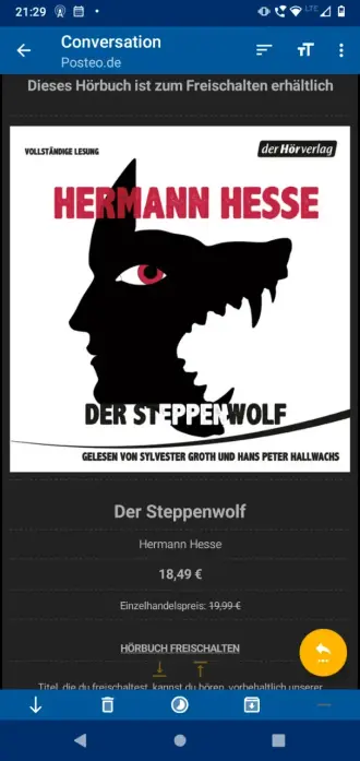 An offer via email after I touched the locked play button: 18,49€ for Hesse's Steppenwolf