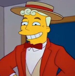 Das Bild zeigt Lyle Lanley, einen windigen Geschäftsmann, der in der Zeichentrickserie "Die Simpsons" der Stadt Springfield eine Monorail aufquatscht.

Das Bild zeigt einen animierten Charakter mit einem breiten, freudigen Lächeln und einem selbstsicheren Ausdruck. Er hat kurze, blonde Haare und trägt eine breite, beige Sonnenmütze mit einem roten Band. Seine Kleidung besteht aus einem roten Anzug mit einem weißen Hemd und einem roten Krawatten. Der Charakter steht vor einem blauen Hintergrund,…