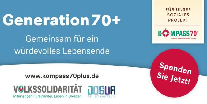 Infografik, in weiß-blau gehalten: "Generation 70+ Gemeinsam für ein würdevolles Lebensende. www.kompass70plus.de - Spenden Sie jetzt"