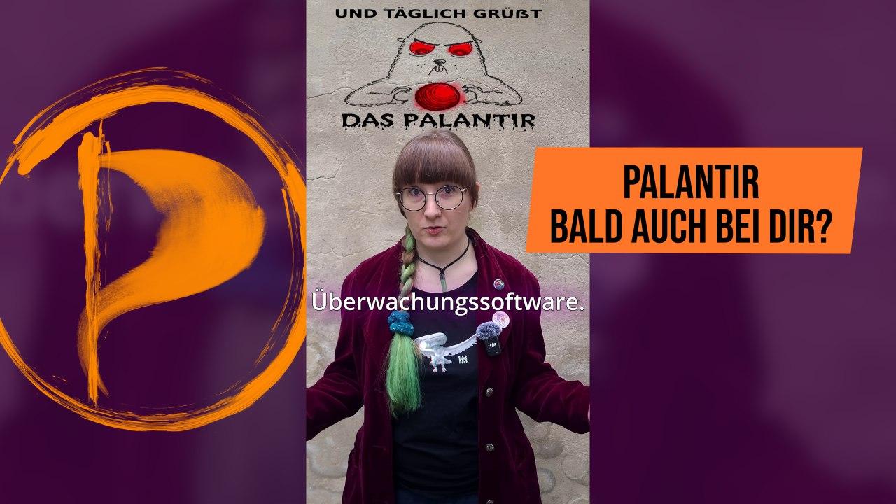 In der Mitte eine Person, die die arme ausbreitet. Über ihr ist ein Murmeltiert mit einer Glaskugel abgebildet. Es ist zu lesen: Und täglich grüßt das Palantir. Über der Brust der Person steht: Überwachungssoftware. Außerdem ist ein großes Piraten-P links und die Frage: Palantir bald auch bei dir? rechts eingeblendet.