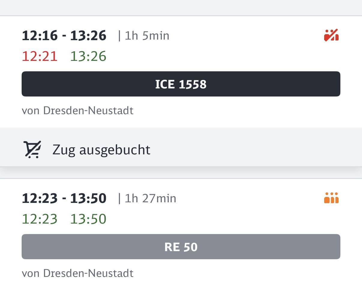 ICE ausgebucht laut App, RE sehr voll