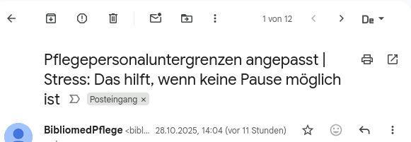 Screenshot eines Newsletters von Bibliomed-Pflege mit dem Betreff: "Pflegepersonaluntergrenzen angepasst. - Stress: Das hilft, wenn keine Pause möglich ist"