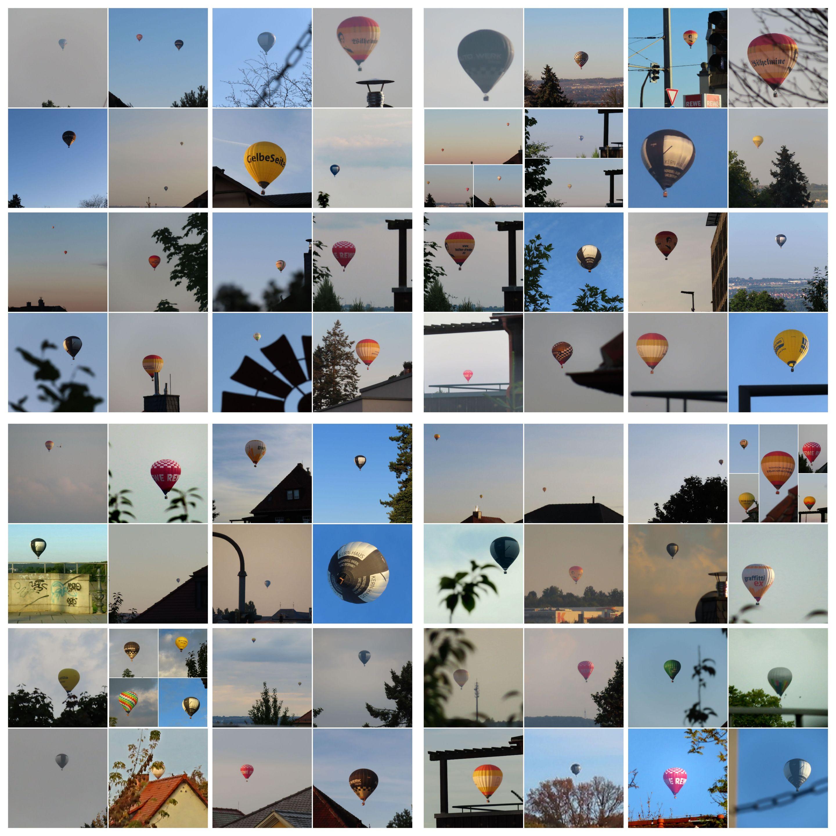 Collage von Ballonfotos. 
Insgesamt sind 81 Ballons auf den 16 Kacheln zu sehen 