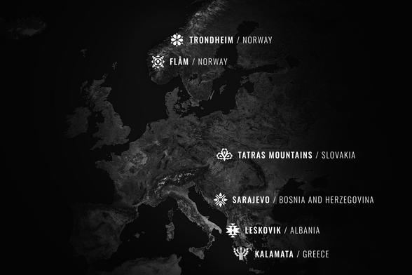 Eine dunkel gehaltene Europakarte auf der die Checkpoints des Transcontinental Race 2026 markiert sind.