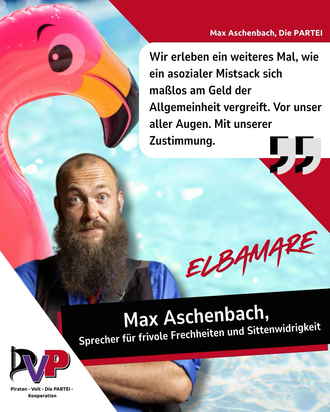 Max Aschenbach (die Partei), dahinter ein Flamingo-Schwimmring. Auch der Schriftzug „Elbamare“ ist zu lesen.