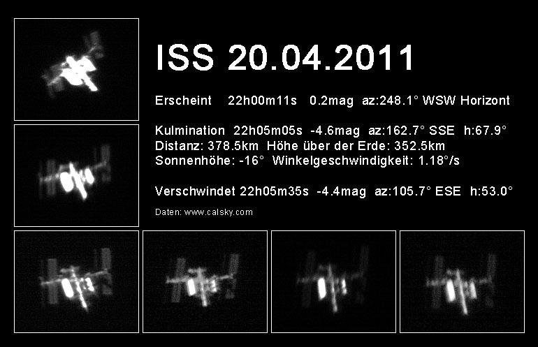 Eine Zusammenstellung von Fotos der ISS vom 20.04.2011 aus leicht verschiedenen Winkeln, da sie sich schnell über den Himmel bewegt hat. Man sieht die hell strahlenden Module und Radiatoren sowie etwas dunkler die Solarzellen.