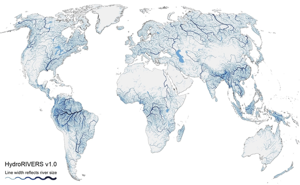 A Map by HydroRIVERS: All rivers on the globe on one map.