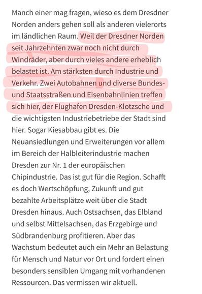 Screenshot eines Textes. Inhalt: Manch einer mag fragen, wieso es dem Dresdner Norden anders gehen soll als anderen vielerorts im ländlichen Raum. Weil der Dresdner Norden seit Jahrzehnten zwar noch nicht durch Windräder, aber durch vieles andere erheblich belastet ist. Am stärksten durch Industrie und Verkehr. Zwei Autobahnen und diverse Bundes- und Staatsstraßen und Eisenbahnlinien treffen sich hier, der Flughafen Dresden-Klotzsche und die wichtigsten Industriebetriebe der Stadt sind hier. So…