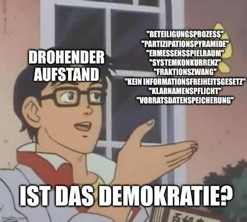 Is this a pidgeon meme: Frage "Ist das Demokratie?" In der Luft schweben Wörter wie "Beteiligungsprozess", "Ermessensspielraum", "Systemkonkurrenz" und "Fraktionszwang", aber auch "kein Informationsfreiheitsgesetz", "Klarnamenpflicht" und "Vorratsdatenspeicherung". Ea fragt: Drohender Aufstand