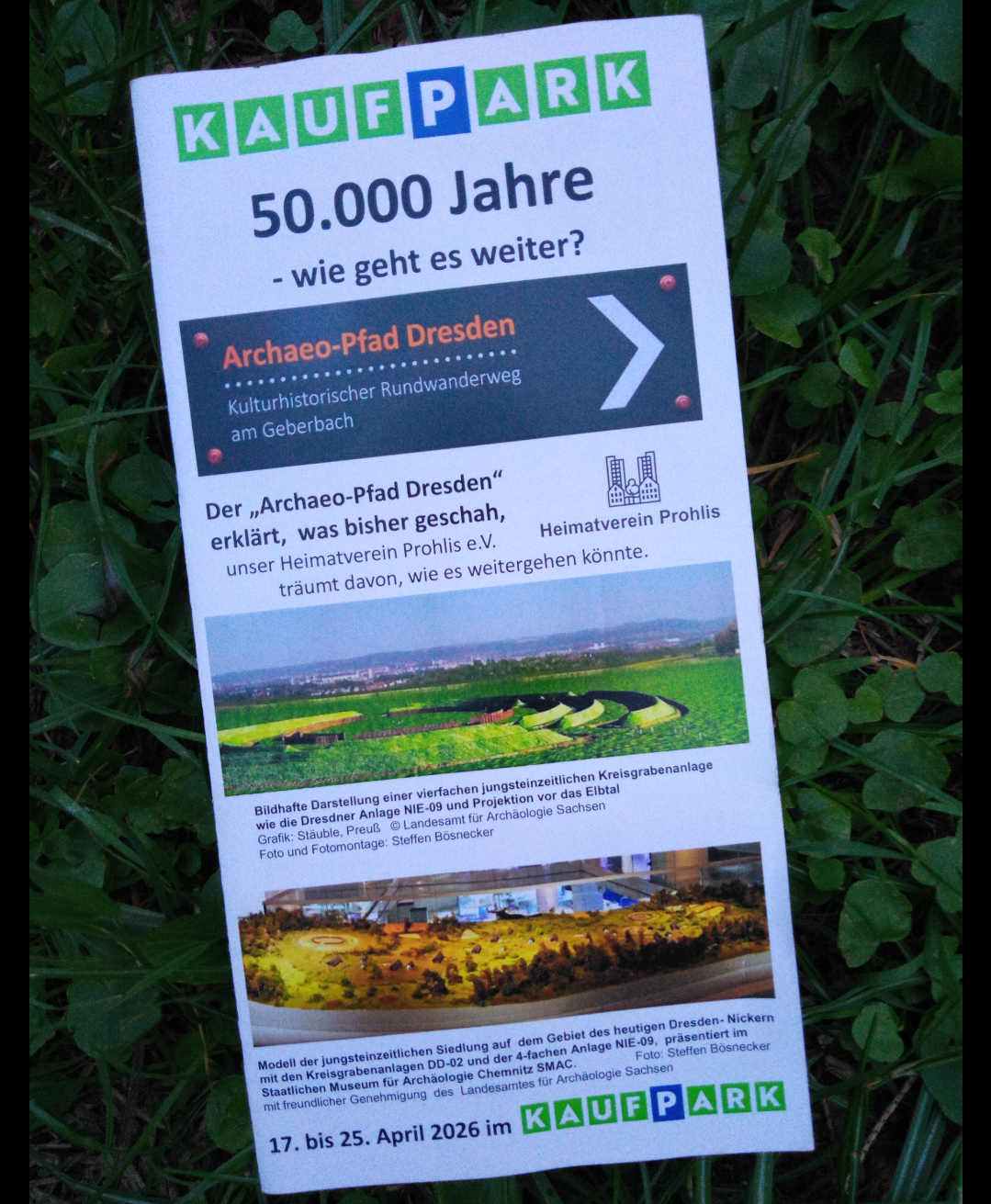 Ein Flyer mit der Überschrift KAUFPARK - 50.000 Jahre - Wie geht es weiter? Darunter sind zwei Darstellungen der Kreisgrabenanlagen zu sehen.