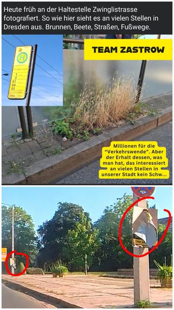 Collage mit zwei Fotos. Oben ein Screenshot eines Facebookbeitrags in den sich Team Zastrow über Vernachlässigung des Dresdner Stadtbild beschwert. Als Beispiel dient ein Bild von der Haltestelle Zwinglistraße auf dem ein leicht wucherndes Grasbüschel zu sehen ist. Unten ein Foto mit zwei zerfetzten Plakaten der letzten Plakataktion von Team Zastrow, die an Masten hängen und rot markiert sind.
