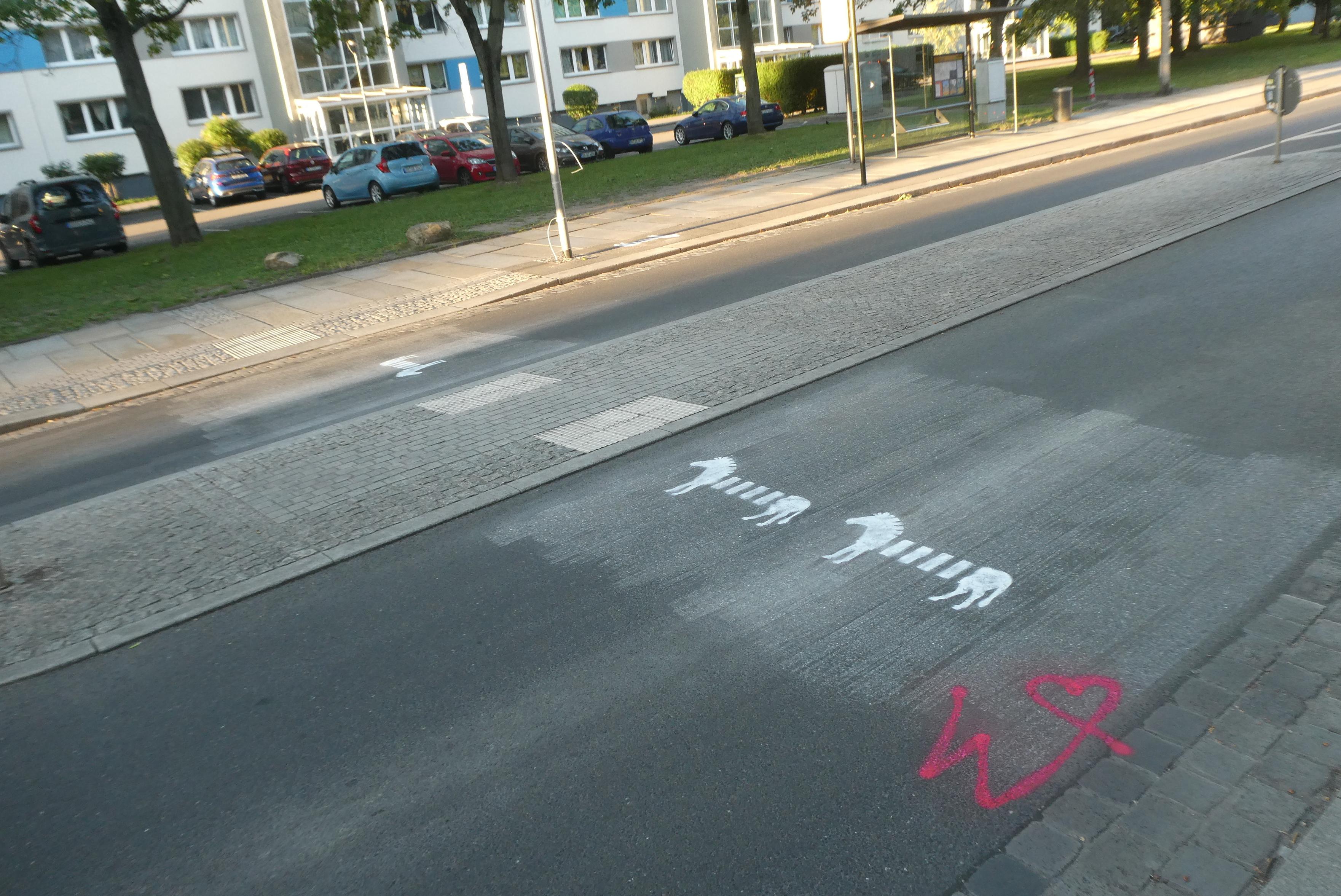 Die Pfotenhauerstraße mit Zebras bei Tag. An der gleichen Stelle wie im vorherigen Bild sind weiße Zebras auf die Fahrbahn gemalt, daneben in pink das Logo des Widerstandskollektivs: ein W, das in einem Herz endet. Der Straßenuntergrund ist grau und wie gebürstet, wo zuvor Zebrastreifen aufgemalt waren. Im Hintergrund ist ein Bushäuschen der Haltestelle Böhnischplatz zu sehen.