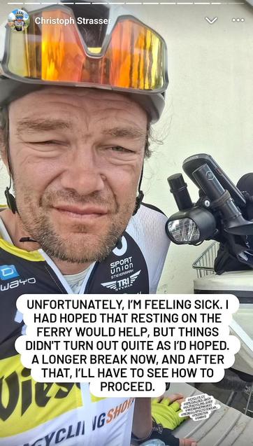 Picture of Christoph Strasser wo looks quite ill. In the text he stated, that he feels quite ill and will rest and see how to proceed. 