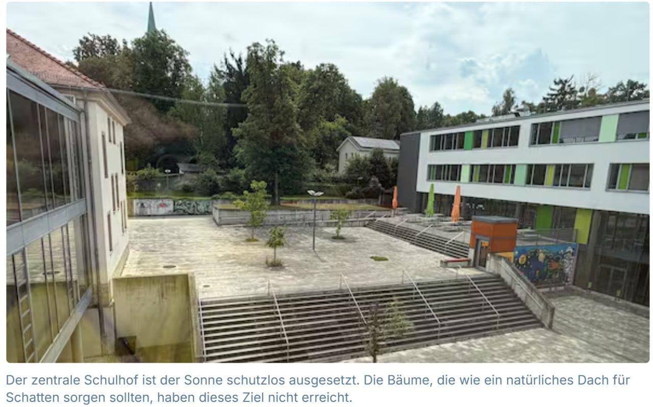 Bild vom zentralen Schulhof des Gymnasiums Dresden Bühlau. Zu sehen ist eine versiegelte graue Fläche mit 4 kleinen Bäumen. Links und rechts stehen die Schulgebäude. Die Bildunterschrift lautet: Der zentrale Schulhof ist der Sonne schutzlos ausgesetzt. Die Bäume, die wie ein natürliches Dach für Schatten sorgen sollten, haben dieses Ziel nicht erreicht.