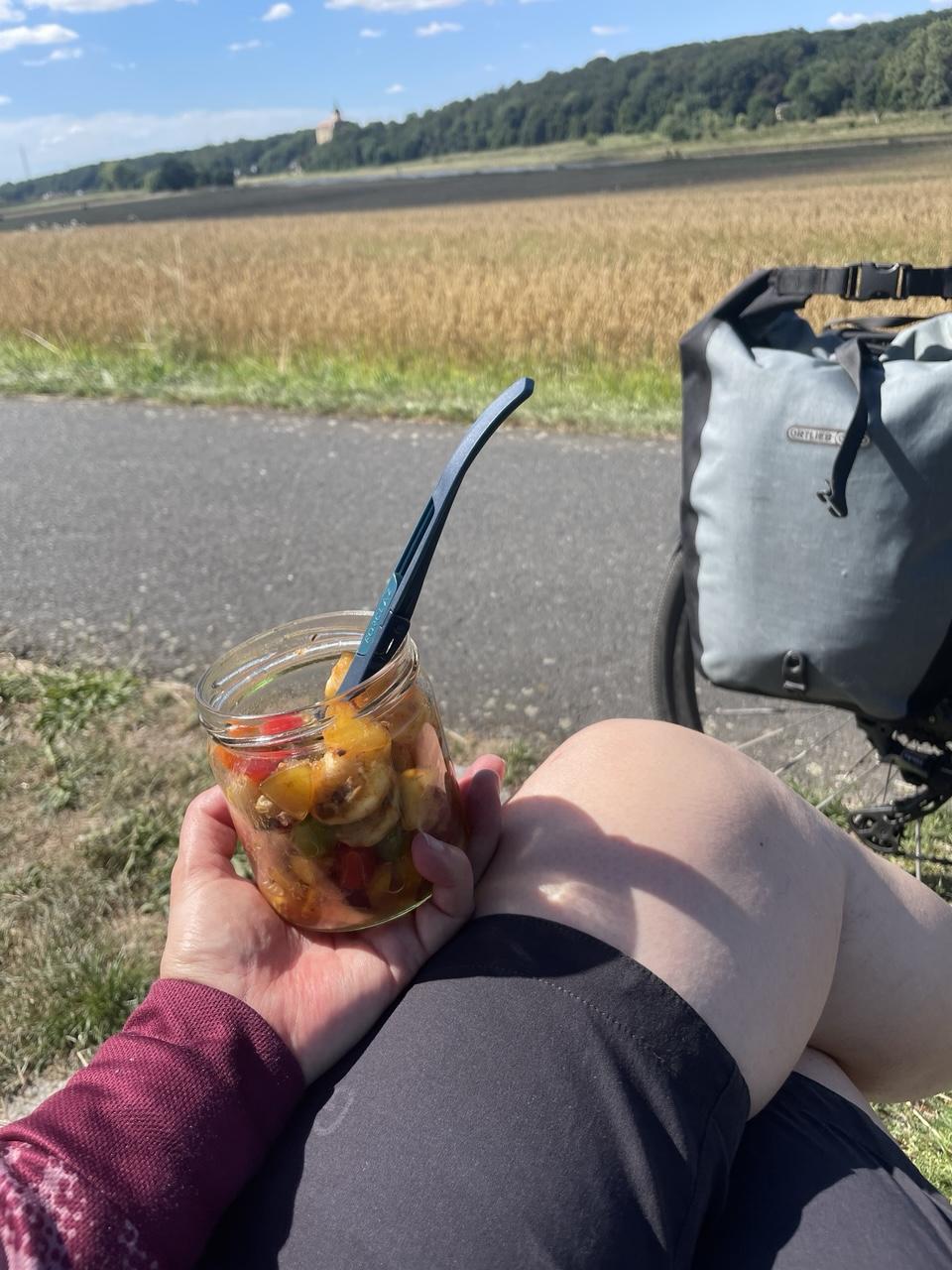 Ein Glas mit Obstsalat und Löffel in meiner Hand, der Radweg, ein Feld, die Elbe, Schloss Hirschstein. Alles immer unschärfer werdend