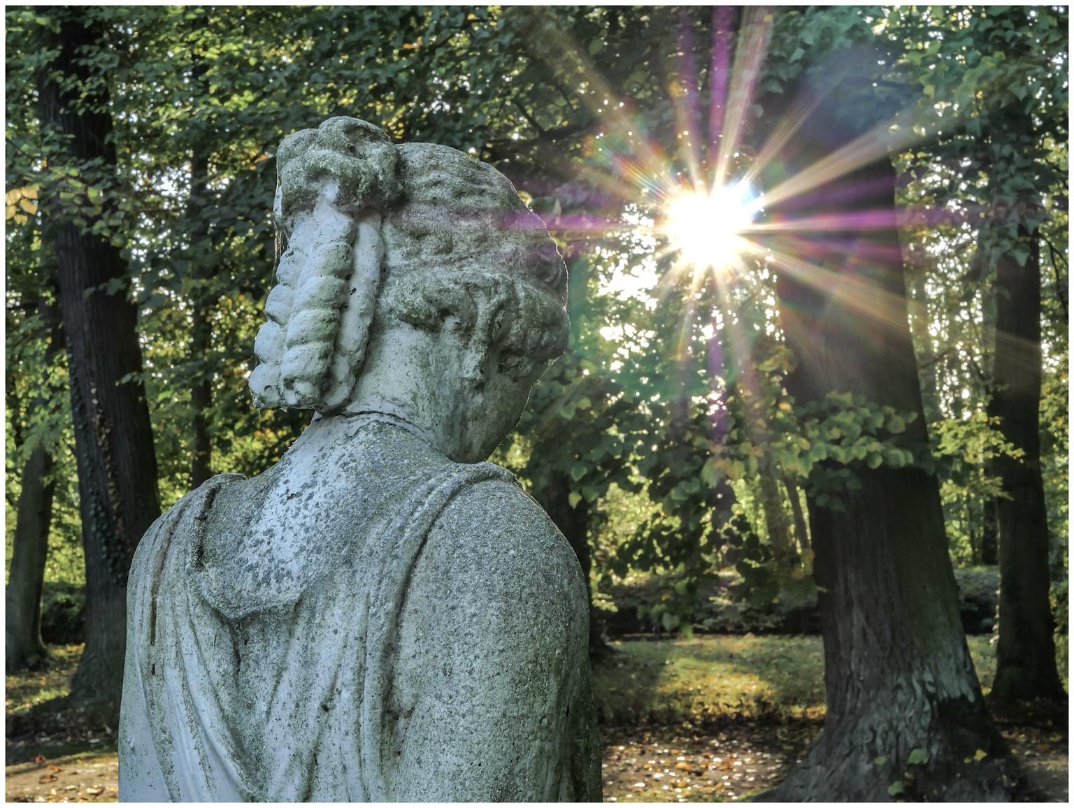 A weathered stone statue of a woman is seen from behind, set against a backdrop of trees. Sunlight filters through the leaves, creating a starburst effect around the sun.
