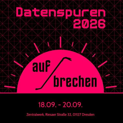 Logo-Grafik der Datenspuren. Schwarzer Hintergrund, rote Linien, eine aufgehende Sonne stilisiert, Schriftzug mit Titel der Veranstaltung.