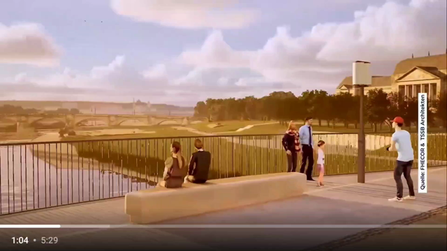 Eine Animation der neuen Carolabrücke vom Radweg in Seitenlage aus gesehen. Am rechten Bildrand sieht man eine Person, die ohne sich umzuseben rückwärts vom Gehweg Richtung Radweg läuft, um ein Foto von Personen vor der Altstadtsihlouette zu machen